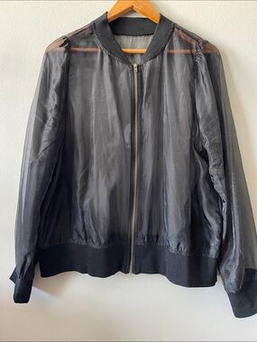 Sheer Oversized Mesh Black Lightweight Bomber Jacket with pockets
